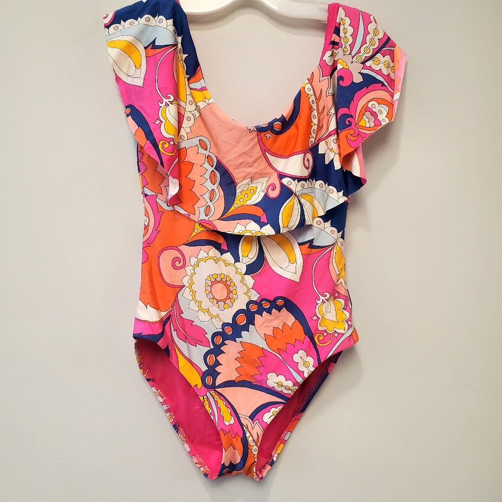 Trina Turk Sevilla Cap Sleeve Off Shoulder Ruffle One Piece Swimsuit - Picture 7 of 9